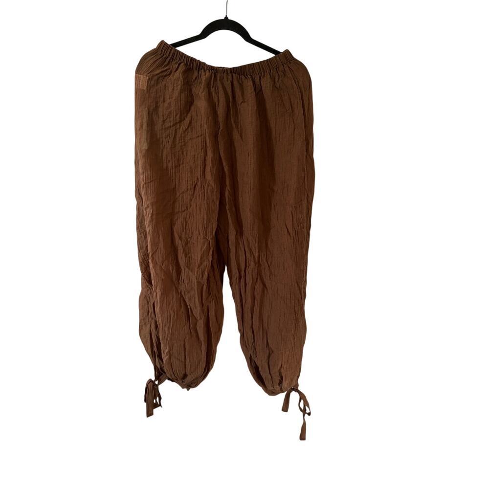 NWT Kizn Ankle-Tie Pants Linen Cotton Drawstring Pull on Brown Size Medium
